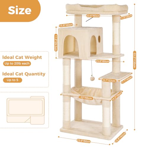 53”Cat Tree with Hammock & Oversized Top Bed for Big Cats (XLarge-53" / Beige)