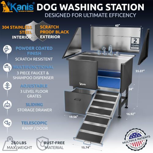 Professional Dog Washing Station 304 Stainless Steel Pet Wash Sink (Black, Right Ramp, 1 Drawer / 40 Inches)
