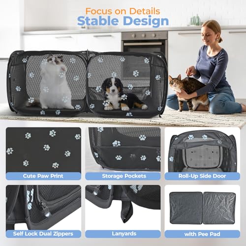 2-in-1 Dog Playpen 46.5''Pop Up Cat Pet Playpen, Assembly-Free Indoor Outdoor Kitten Enclosure, Breathable Cat Cage Portable Puppy Tent Crates,Spacious Kennel for Small Animals, No Confinement Feel(S) (Black Mesh / S, 46.5"L x 24.1"W x 17"H)