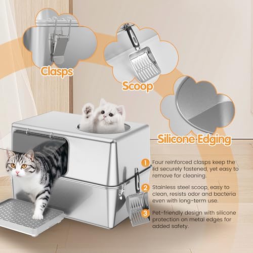 Stainless Steel Litter Box with Lid (Lateral Entry：23.6" x 15.7" x 15.7")