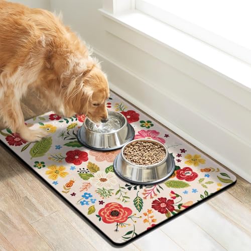 Dog Food Mats for Floors (Beige / 20"L x 12"W)