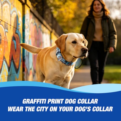 Heavy Duty Thick Dog Collar with Metal Buckle for Large Dogs (L – Fits Neck 18.9"-21.7" / Edgy Graffiti Print)