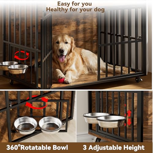 Heavy Duty Large Dog Crate Furniture with 360° Rotatable Bowls & Wheels (43.5"L x 27.2"W x 34.8"H)