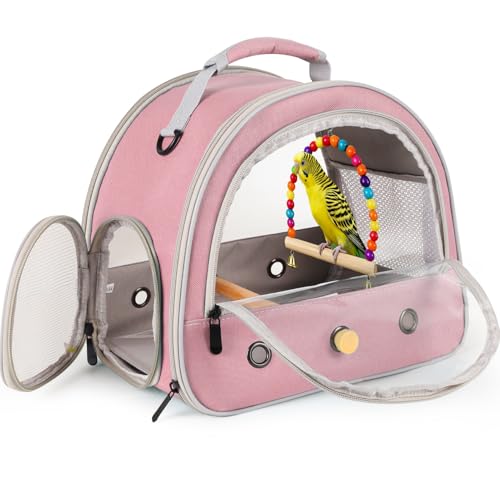 Portable Parrot Travel Cage Carrier with Small Swing Toy&Cage Colorful Toys Set Small Bird Parakeet Bag with Standing Perch Bird Carry Transport Bag (Pink / 12.0"L x 7.0"W x 12.0"H)