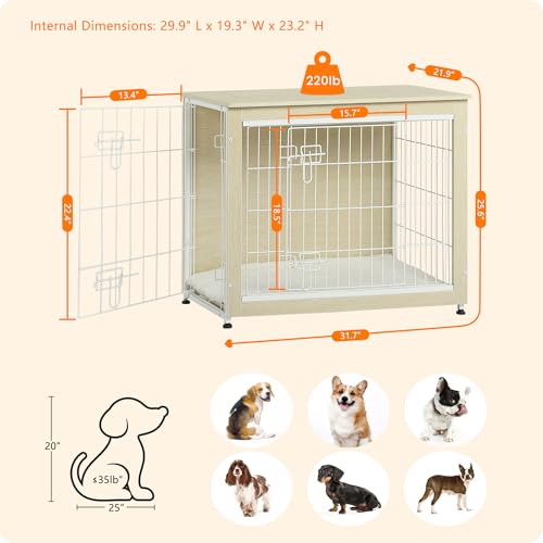 32.5" Dog Crate Furniture with Cushion (White Oak / 32.5"L x 21.9"W x 25.6"H)