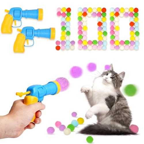 100Pcs Cat Toys Pom Pom Balls with 2 Launcher Set (2 launchers & 100 balls)