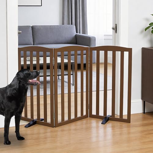 Foldable Freestanding Indoor Dog Gate for House Wood Long Pet Gates Dog Fence for Stairs Puppy Gates for Hallways (Brown / 【3 Panels】60''w X 32''h)