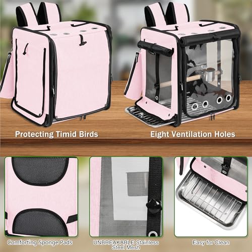 Bird Carrier with Seat Belt for Car Travel (13.5"L x 10.0"W x 15.5"H / Pink)