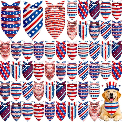 50 Pcs 4th of July Dog Bandanas Bulk for Patriotic American Striped Star Red White and Blue Independence Day Flag Scarf for Small Medium Large Outfit (Striped Star / 31.5 x 21.7 x21.7 Inch)