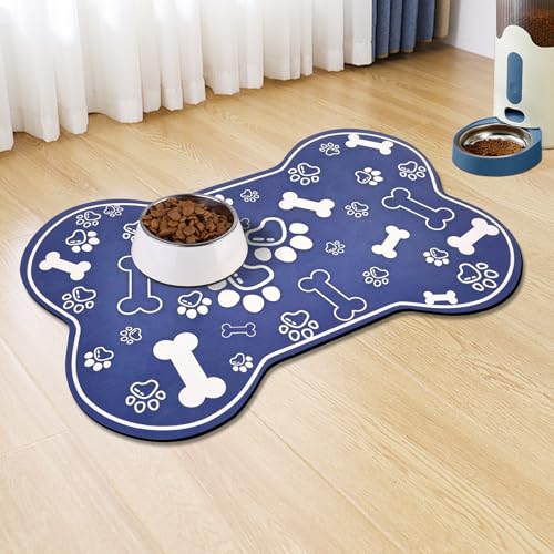 Dog Cat Mat for Food and Water (36"L x 23"W / Bone Shaped Blue2)