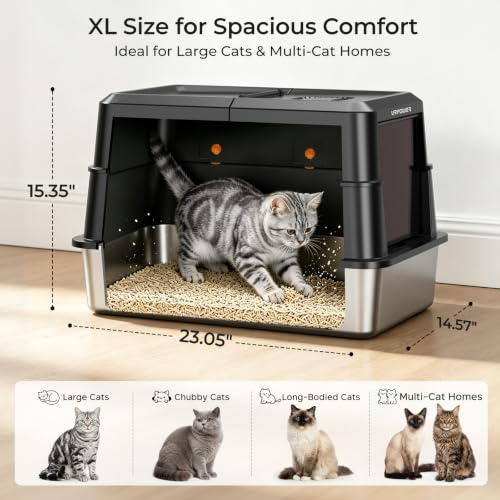 XL Stainless Steel Cat Litter Box with 180° Flip (Matte Black / X-Large)