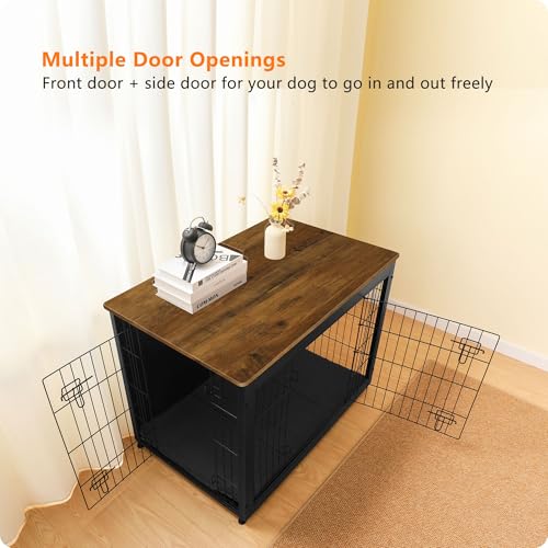 38.5" XL Dog Crate Furniture with Cushion (Black+Warm Brown / 38.5"L x 25.6"W x 26.8"H)