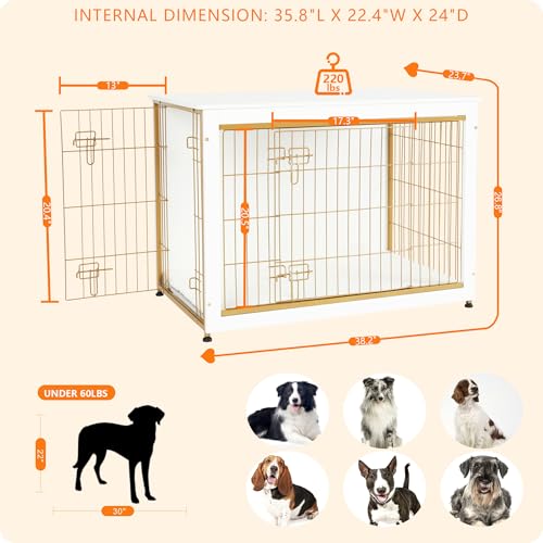38.5" XL Dog Crate Furniture with Cushion (White+Gold / 38.5"L x 25.6"W x 26.8"H)