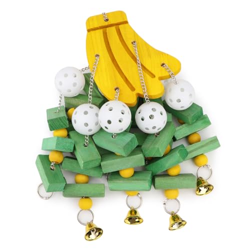 Large Parrot Hanging Swing Toy Bells Chew Toy Colorful Hanging Wood Block Parrot Macaw African Greys Cockatiels Budgies Conure Banana Shape Natural Birds Cage Hanging Toy (Banana)