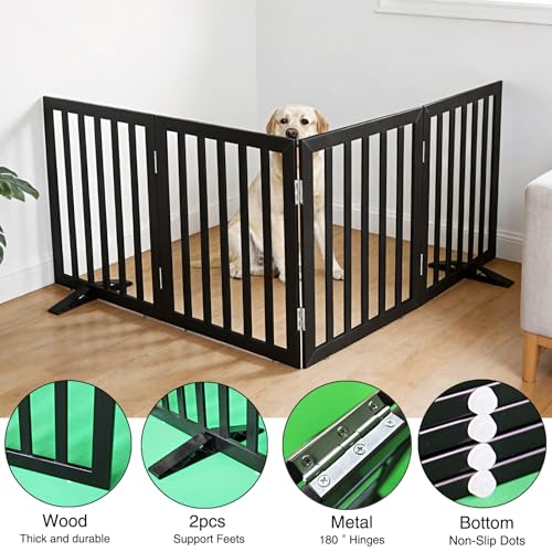 Freestanding Indoor Dog Gate for House Foldable Wood Puppy Gate for Doorways Pet Gate for Stairs Extra Wide Pet Fence (Black / 【4 Panels】80''w x 32''h)