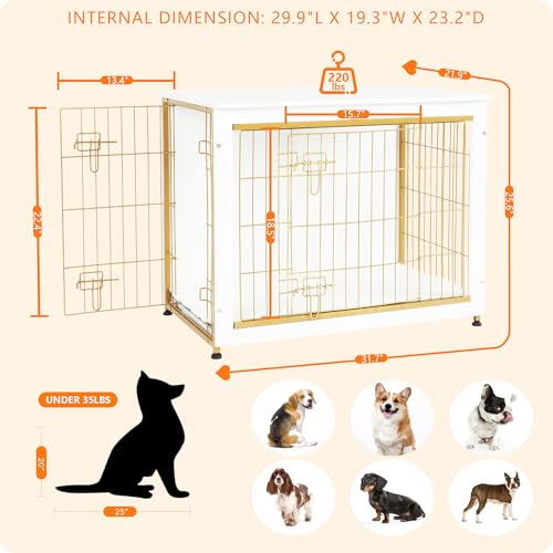 32.5" Dog Crate Furniture with Cushion (White+Gold / 32.5"L x 21.9"W x 25.6"H)