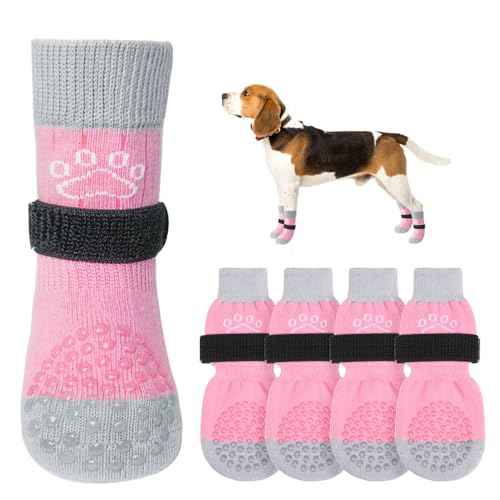 Anti Slip Dog Socks to Prevent Licking Paws for Hardwood Floors (Pearl Paw-Pink / Small (4 Count))
