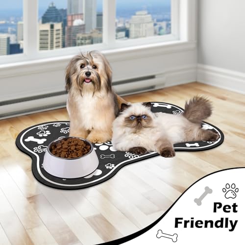 Dog Cat Food Mat (18"L x 12"W / Bone Shaped Black)