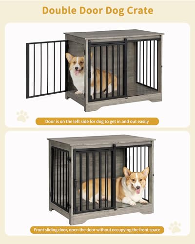 31.9" M Dog Crate Furniture Indoor Dog Kennel with Barn Door (Greige / 31.9"L x 21.7"W x 26.6"H)