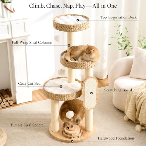Wood Modern Cat Tree for Large Cat (47 Inch-Turntable Toy)