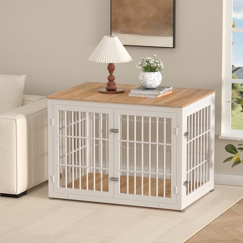 42" Heavy Duty Dog Crate Furniture for Large and Medium Dogs (White + Natural / 42.1"L x 29.9"W x 30.4"H)