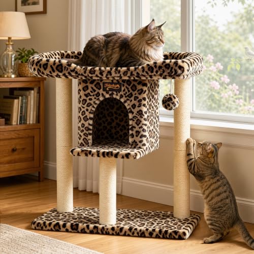 Cat Tree Tower Scratching Post for Indoor Large Adult Cats with Perch Bed (Leopard Print / 28 Inches)