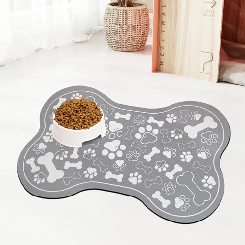 Dog & Cat Food Mat Bone Shaped Pet Feeding Mat Quick Absorb Water Bowl Placemat with Rubber Backing Indoor Floor Stain Resistant Pet Accessory Supplies (Grey / 12"L x 18"W)