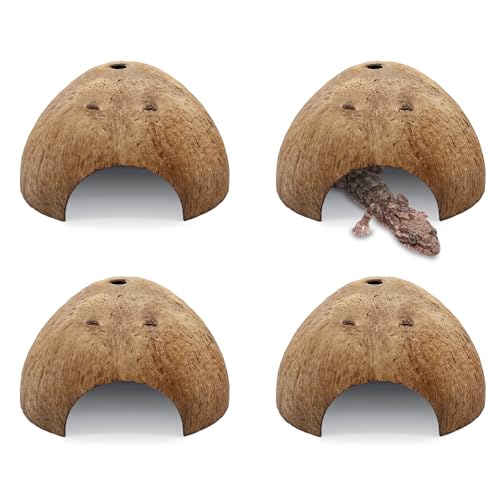 4 PCS Natural Coconut Reptile Hideouts Lizard Coco Hut Hermit Crab Hut Aquarium Fish Hide Cave Spider Snail Climber Toys (Smooth Surface / 4 PCS)