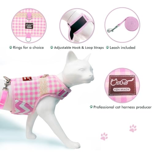 Cat Harness and Leash Set Escape Proof (Pink Plaid / L 8-12 lbs)