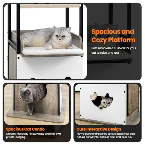 48in Wood Modern Cat Tree for Large Indoor Cats with Big Perch Bed (Greige3 / 48 Inches)