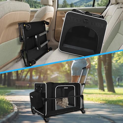 Extra Large Cat Carrier with Wheels and Litter Box for Car Travel (Black and Wheeled)