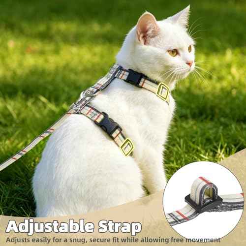 Adjustable Cat Harness and Leash Set Escape Proof Kitten Strap Collar for Walking Travel (Small / Beige(Plaid))