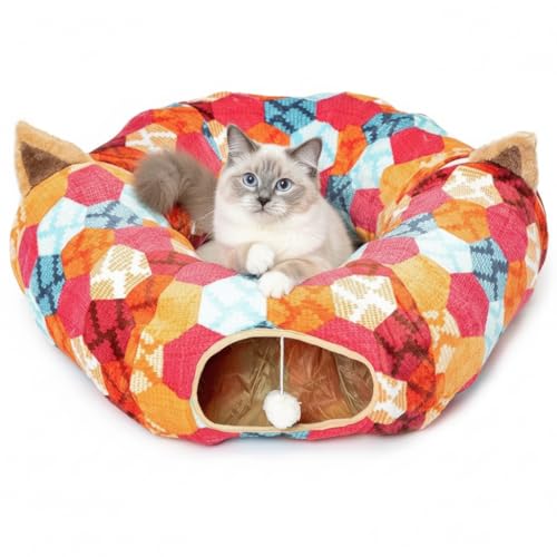 Cat Donut Tunnel with Bed for Kitten Puppy Rabbit Ferret (Orange)