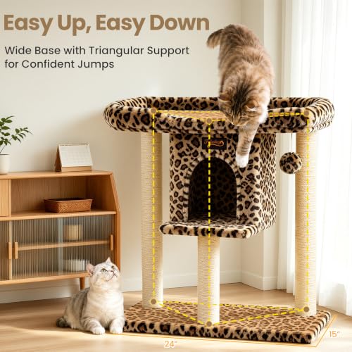 Cat Tree Tower Scratching Post for Indoor Large Adult Cats with Perch Bed (Leopard Print / 28 Inches)