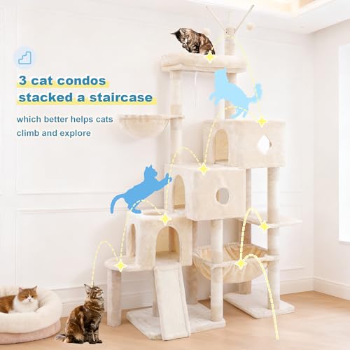 Cat Tree Tower with 3 Condos (74.8 inches / Beige)