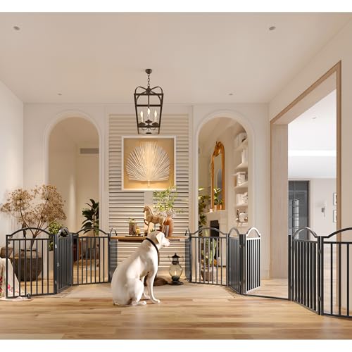 Metal No Assembly Freestanding Dog Gate with Door Walk Through (Black / 6 panels 144"W*32"H HFG)