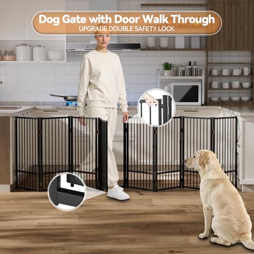 Full Metal Freestanding Dog Gate with Door (【8 Panels】160"W*36H" / Black)