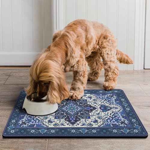 Pet Feeding Mat for Floors Waterproof Dog Mat for Food and Water Absorbent Quick Dry Non Slip mat for Cat Bowls (24"L x 16"W / BlueBoho)