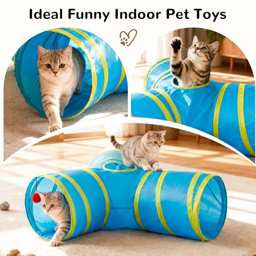 Cat Tunnel, 3-Way Collapsible Toy for Indoor Cats, Blue & Yellow (Blue & Yellow / Small)