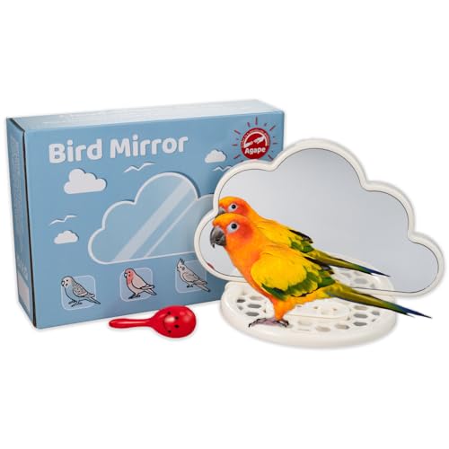 Parakeet Mirror with Perch & Slow Feeder (Ivory / 7.28" L x 3.5" W x 5.5" H)