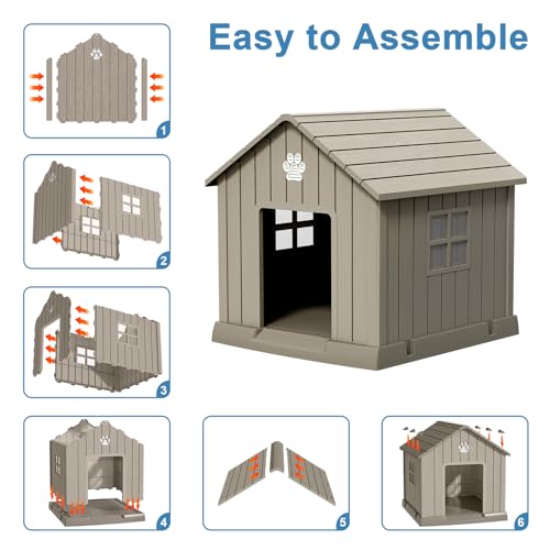 Dog House Indoor Outdoor for Small to Large Sized Dogs 38'' Resin Outdoor Dog House with Ventilation Waterproof Puppy Shelter with Elevated Floor (Grey / 37.8'' * 40.87'' * 38.82'')