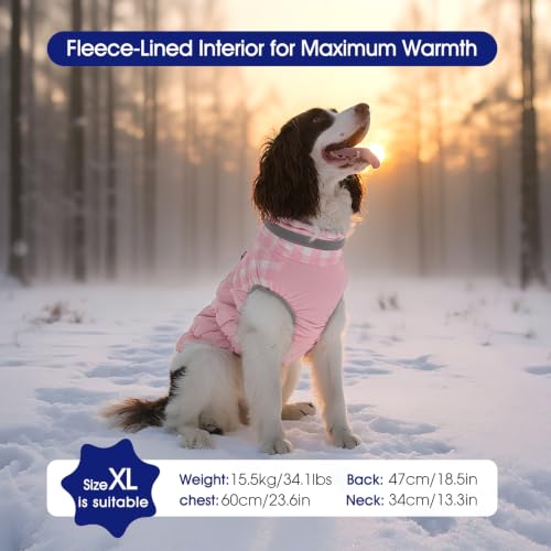 Dog Winter Coat Fleece Warm Small Dog Coat with Harness Built in (Pink Plaid / XS(chest:14in))