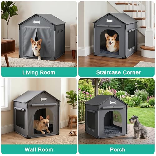 27.6" Dog House Indoor Outdoor Dog Kennel Tent Bed with Door Curtain (Grey / L with Door Curtain: 27.6"L x 21.3"W x 26.8"H)