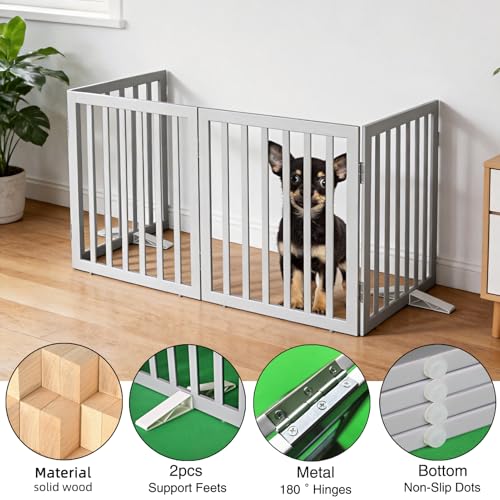 Freestanding Indoor Dog Gate for House Foldable Wood Puppy Gate for Doorways Pet Gate for Stairs Extra Wide Pet Fence (Gray / 【4 Panels】80''w x 24''h)