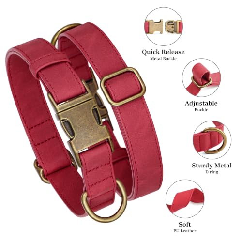 Soft PU Leather Dog Collar for Large Dogs (XL：Fit 20-26" Neck, Width 1¼" / Red)