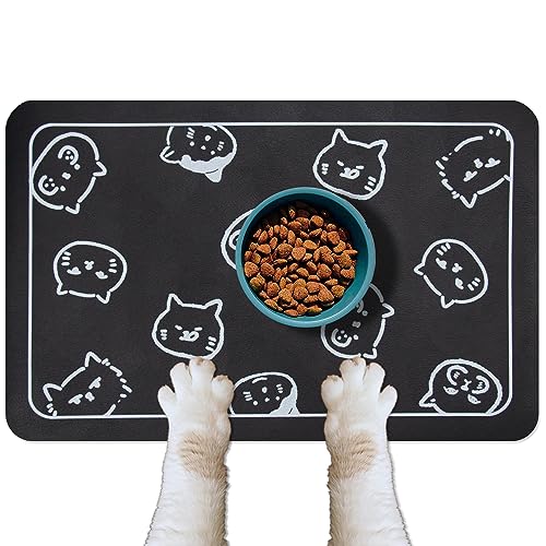 Cat Food and Water Mat for Pets (Black & Multiple cat heads Logo / 24"L x 16.9"W)