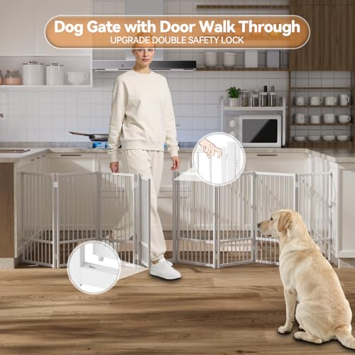 Full Metal Freestanding Dog Gate with Door (【8 Panels】160"W*32H" / White)