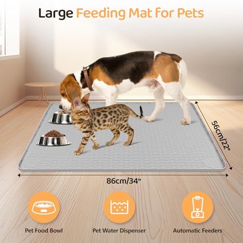 Dog Food Mat 34''x22'' Extra Large Dog Mat for Food and Water (34"L x 22"W / Light Grey)