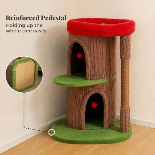 Tree Trunk Cat Tree with 2 Enclosed Caves and Sisal Scratching Post (Stump Brown)