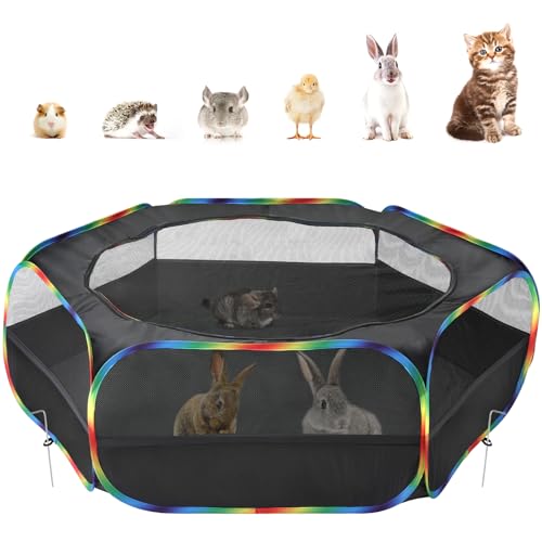 Small Animal Playpen with Zippered Cover (Black + Rainbow)
